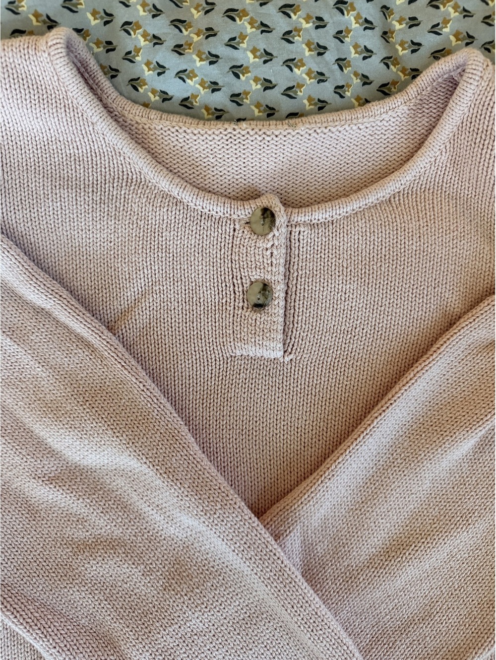 Light Pink Cotton Knit Sweater with Front Pockets and Button Detail - Picture 2 of 6
